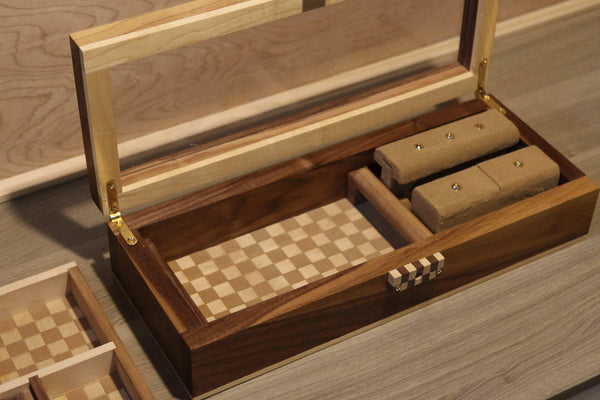 Walnut & Maple Jewelry Box with Custom Lock made by OmoiBox Designs