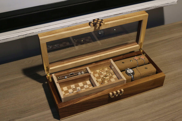 Walnut & Maple Jewelry Box with Custom Lock made by OmoiBox Designs