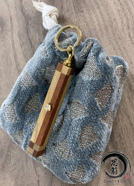 Handcrafted Maple Mahogany Key Chain / Japanese gold plated accessories / Handcrafted cloth draw string bag
