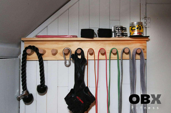 OBX, OBX Fitness, OMOIBOX, wood, wooden, custom, home gym, rogue fitness, best, portable, Personalized, Multi-Purpose, Gym Shelf, Hanger, Gym Wall Organizer, Storage Rack, Resistance Bands, Lifting Belts, Chains, Jump Ropes, gym wall shelf, Belt and Band Hanger, Titan Depth, Rogue, wall mount, Resistance Band, Gym Band Storage, Storage Rack, wall storage, wall rack, wall organizer, Lifting belt storage