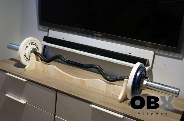 OBX Fitness, OMOIBOX, wood, wooden, custom, home gym, rogue fitness, best, portable, curl bar stand, curl bar rack, curl bar storage, curl bar station, curl bar holder, curl bar pedestal, standing, katana stand, katana display stand, single sword stand, katana sword stand, custom sword stands, sword display stand, OBX Wooden Curl Bar Stand, Curl Bar Storage Rack, Home Gym Organizer, Style Inspired By Japanese Samurai Sword Display Stand