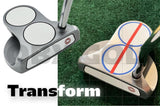 A close-up of a golf putter with a red center line sticker on the head.