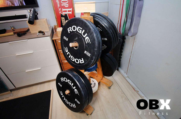 OBX FITNESS, OMOIBOX, wood, wooden, custom, home gym, bumper plate storage, weight plate storage, weight tree, body solid, olympic, plate, rack, 1 inch, standard, fitness gear, vertical, storage, bumper plate, weight rack, plate tree, weight, rogue, barbell, york, titan fitness, standard weight plate, cap weight, gym weight, weight storage, bumper plate rack