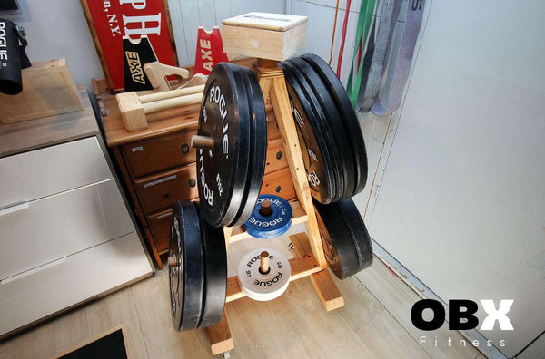 OBX FITNESS, OMOIBOX, wood, wooden, custom, home gym, bumper plate storage, weight plate storage, weight tree, body solid, olympic, plate, rack, 1 inch, standard, fitness gear, vertical, storage, bumper plate, weight rack, plate tree, weight, rogue, barbell, york, titan fitness, standard weight plate, cap weight, gym weight, weight storage, bumper plate rack