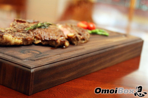 American wagyu beef on walnut cutting board
