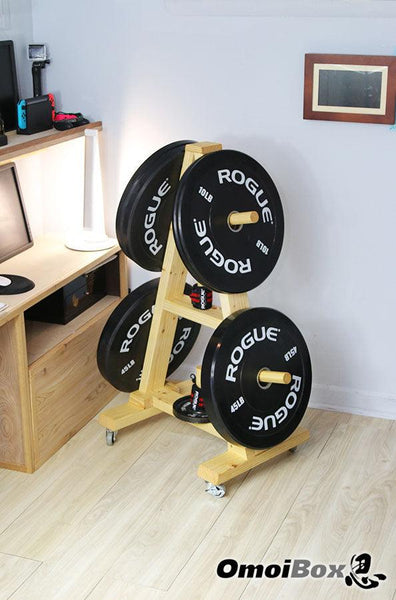 OBX FITNESS, OMOIBOX, wood, wooden, custom, home gym, bumper plate storage, weight plate storage, weight tree, body solid, olympic, plate, rack, 1 inch, standard, fitness gear, vertical, storage, bumper plate, weight rack, plate tree, weight, rogue, barbell, york, titan fitness, standard weight plate, cap weight, gym weight, weight storage, bumper plate rack