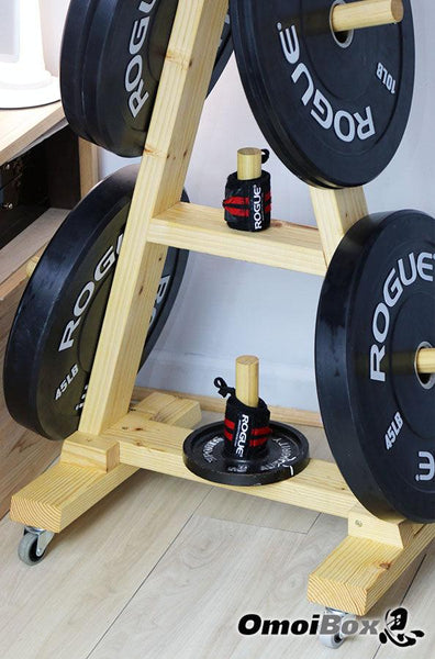 OBX FITNESS, OMOIBOX, wood, wooden, custom, home gym, bumper plate storage, weight plate storage, weight tree, body solid, olympic, plate, rack, 1 inch, standard, fitness gear, vertical, storage, bumper plate, weight rack, plate tree, weight, rogue, barbell, york, titan fitness, standard weight plate, cap weight, gym weight, weight storage, bumper plate rack