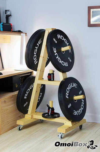 OBX FITNESS, OMOIBOX, wood, wooden, custom, home gym, bumper plate storage, weight plate storage, weight tree, body solid, olympic, plate, rack, 1 inch, standard, fitness gear, vertical, storage, bumper plate, weight rack, plate tree, weight, rogue, barbell, york, titan fitness, standard weight plate, cap weight, gym weight, weight storage, bumper plate rack