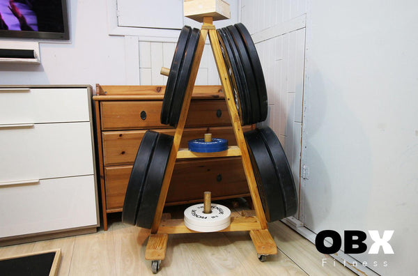 OBX FITNESS, OMOIBOX, wood, wooden, custom, home gym, bumper plate storage, weight plate storage, weight tree, body solid, olympic, plate, rack, 1 inch, standard, fitness gear, vertical, storage, bumper plate, weight rack, plate tree, weight, rogue, barbell, york, titan fitness, standard weight plate, cap weight, gym weight, weight storage, bumper plate rack