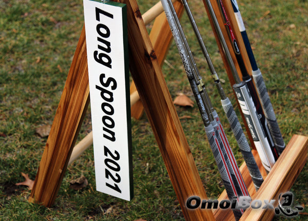 cedar wood golf putter stand and personalized golf sign 